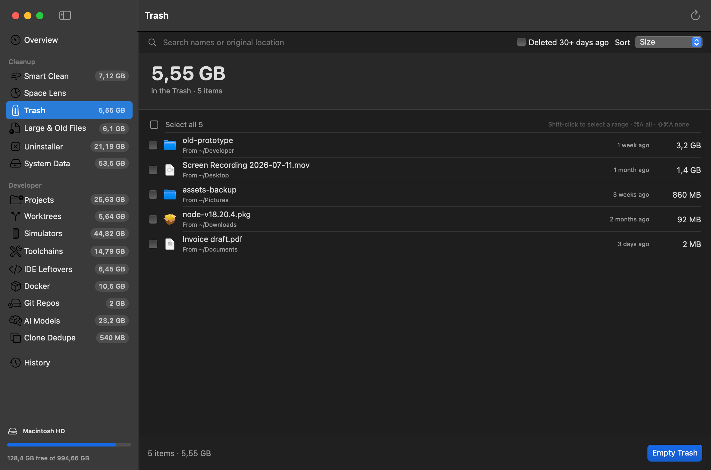 DevCleanup Trash screen listing trashed items with sizes and a Put Back option.