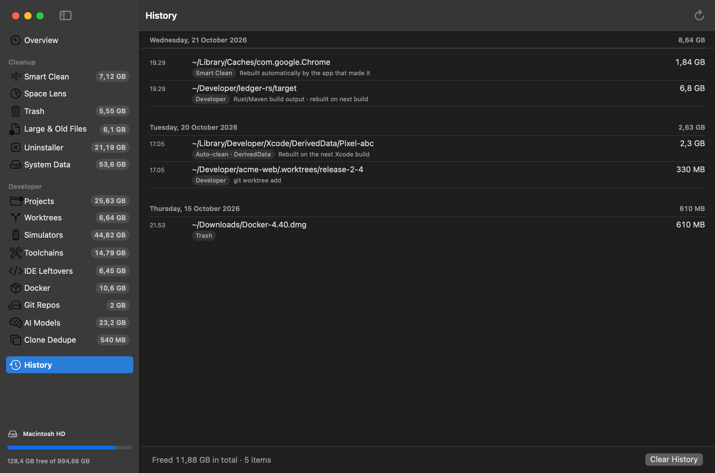 DevCleanup History screen listing past cleanups with dates and sizes.